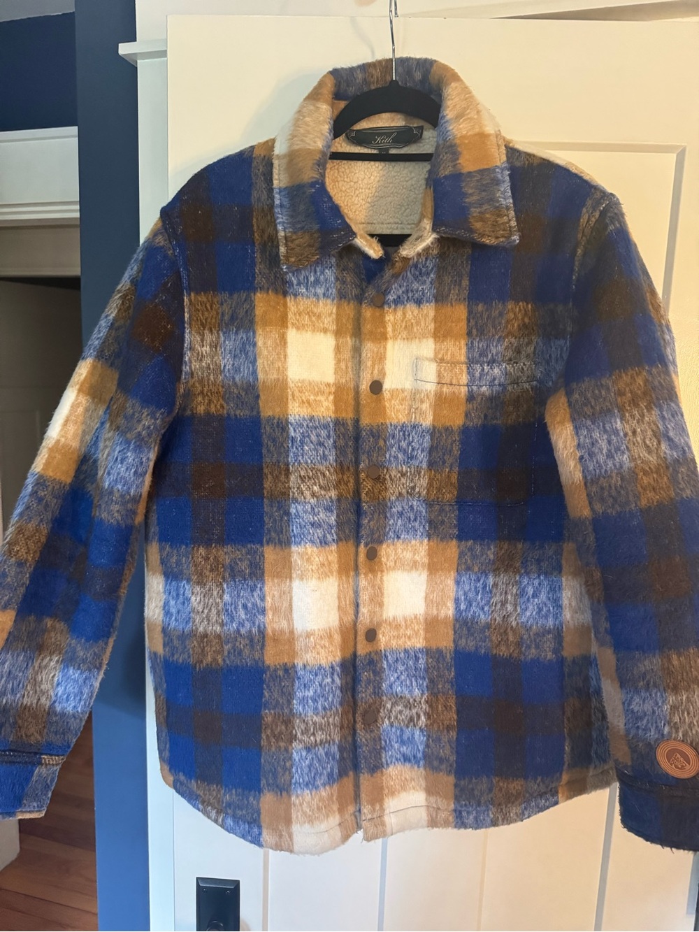 Kith Mohair Plaid Sherpa Lined Overshirt Jacket Blue Tan Men’s Medium Shacket